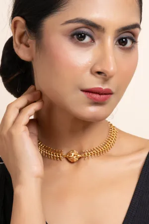 Gold Plated Fish Bone Choker Necklace with Unique Focal Bead - Exquisite Jewelry