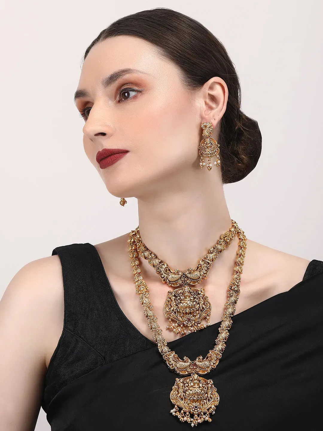 Gold Plated Temple Golden Beads Combo Jewelry Set