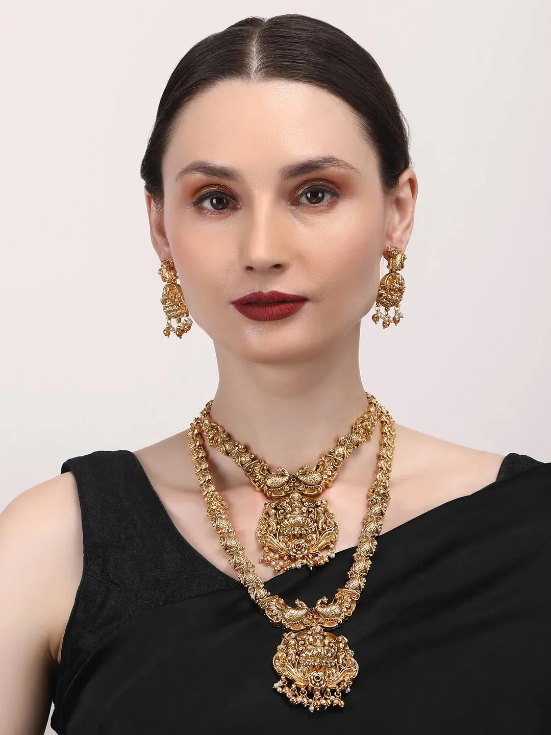 Gold Plated Temple Golden Beads Combo Jewelry Set