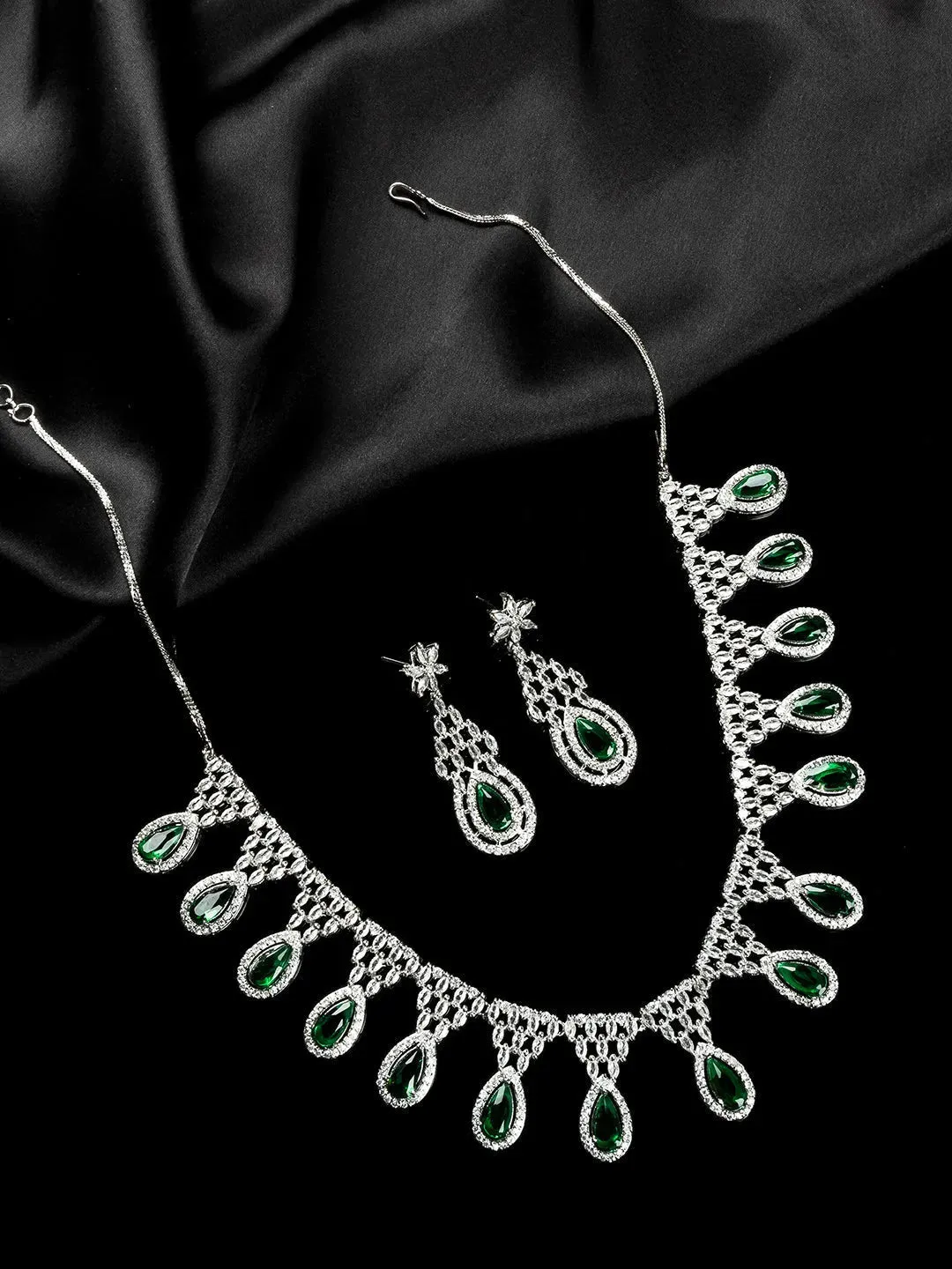 Green AD-CZ Tear Drop Statement Necklace Set