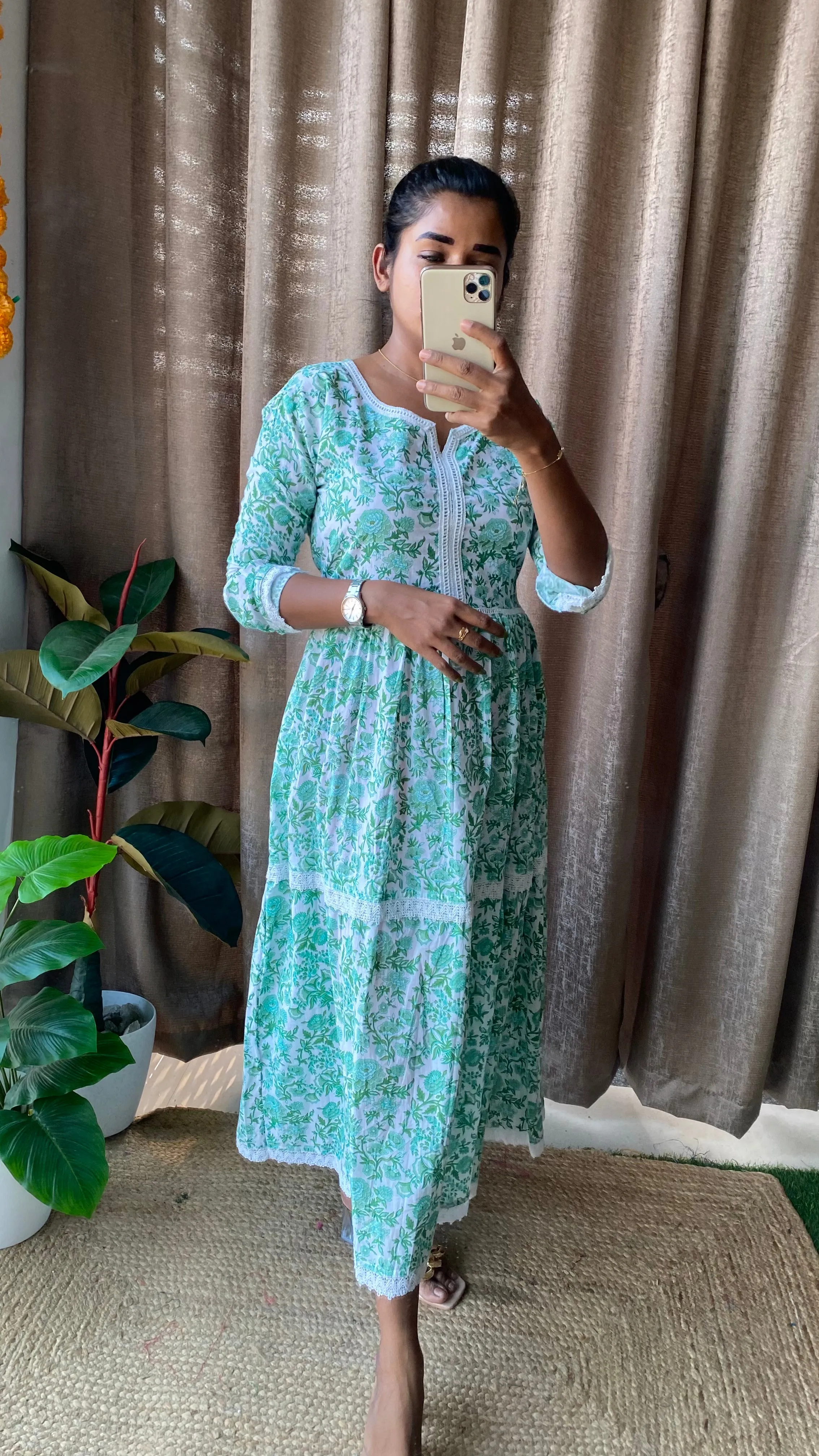 Green floral Cotton printed 3 layered kurti maxi dress