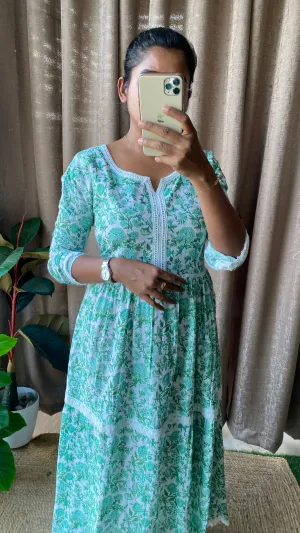 Green floral Cotton printed 3 layered kurti maxi dress