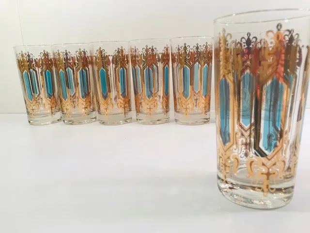 Hollywood Regency Mid-Century Gold-Emerald 9-Piece Cocktail Set