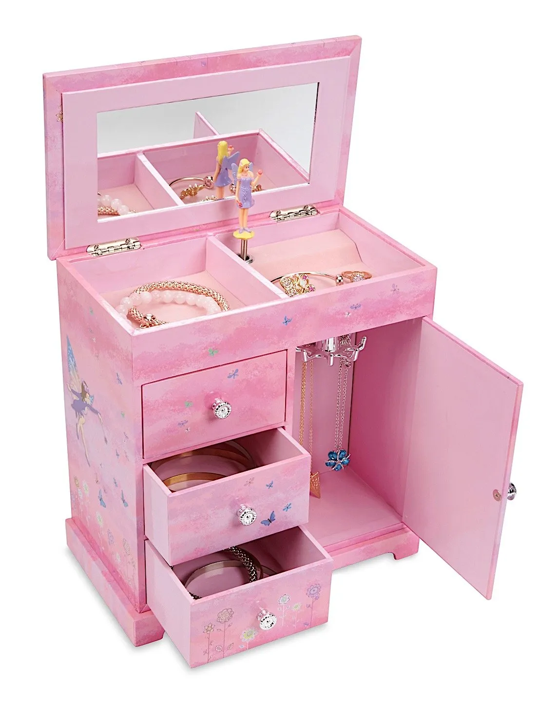 Jewelkeeper Musical Box with 3 Pullout Drawers, Fairy and Flowers Design, Dance of the