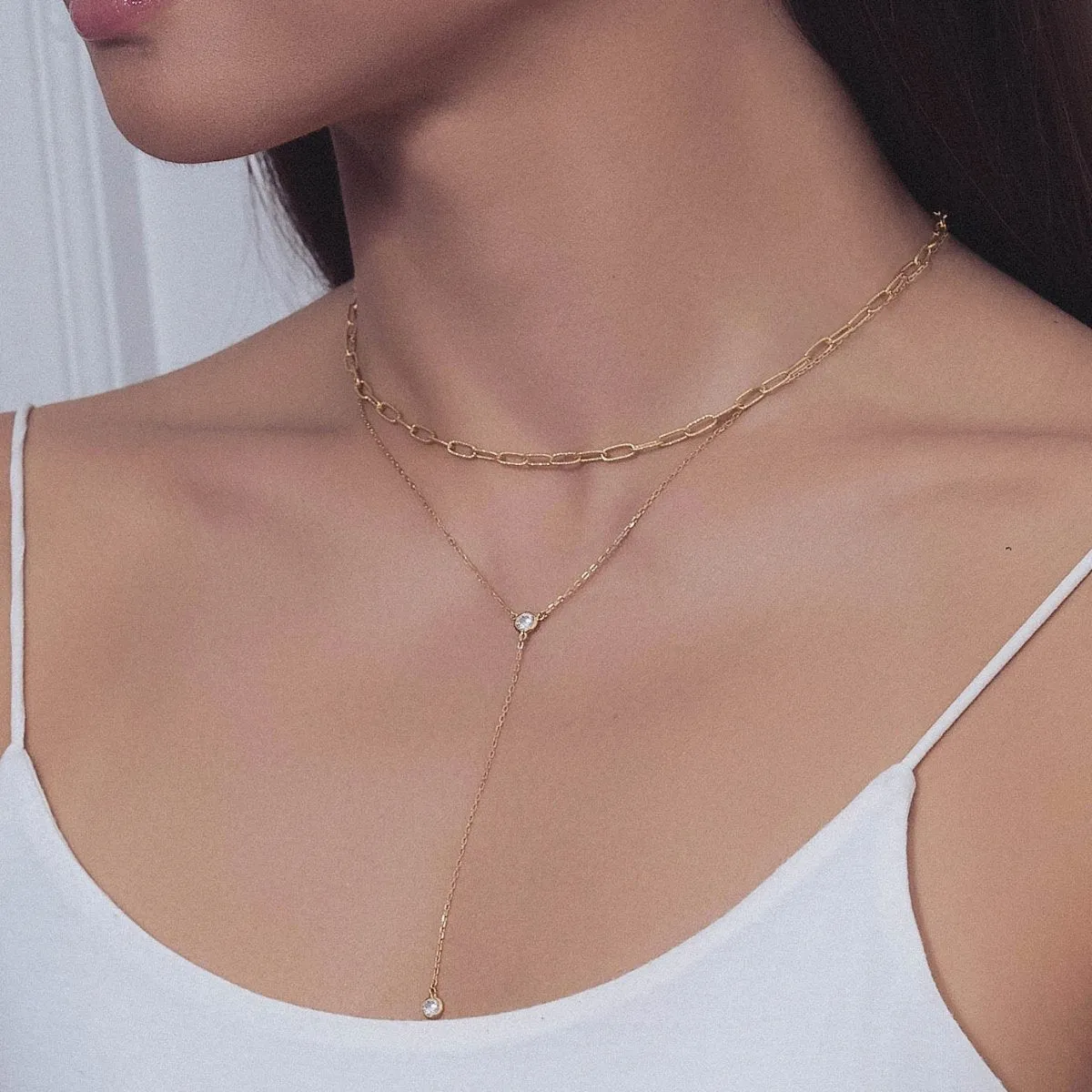 Link Chain Lariat Layered Duo