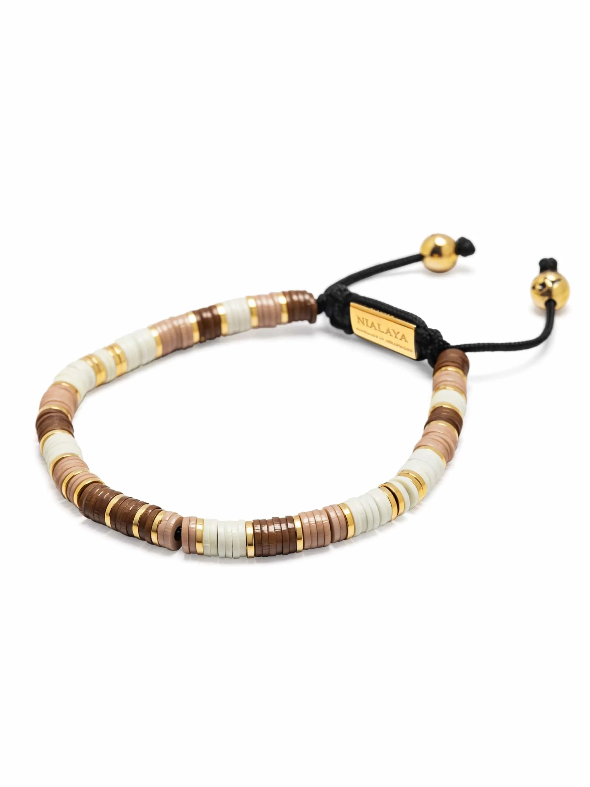 Men's Beaded Bracelet with Brown, Beige and Gold Disc Beads