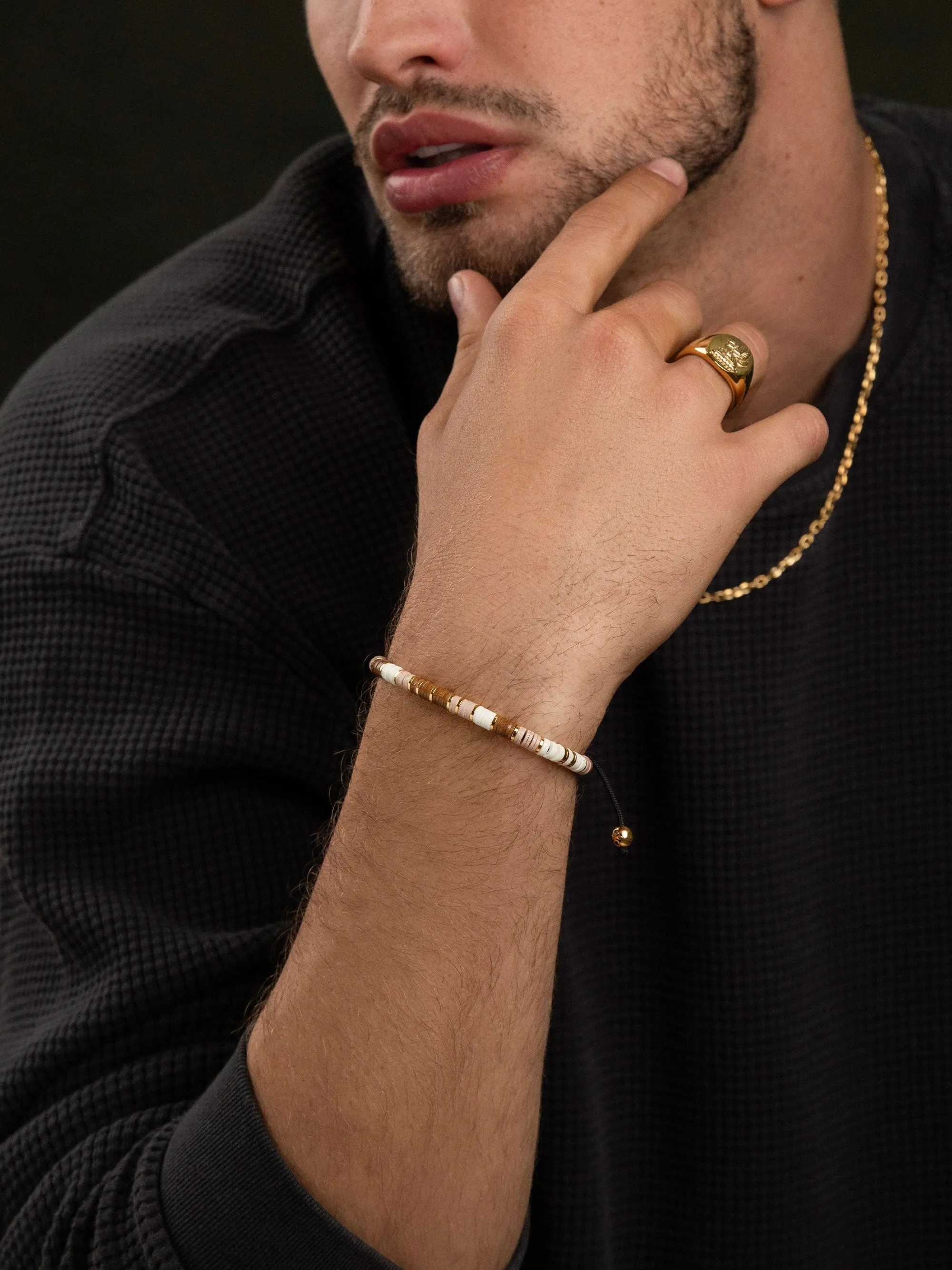 Men's Beaded Bracelet with Brown, Beige and Gold Disc Beads