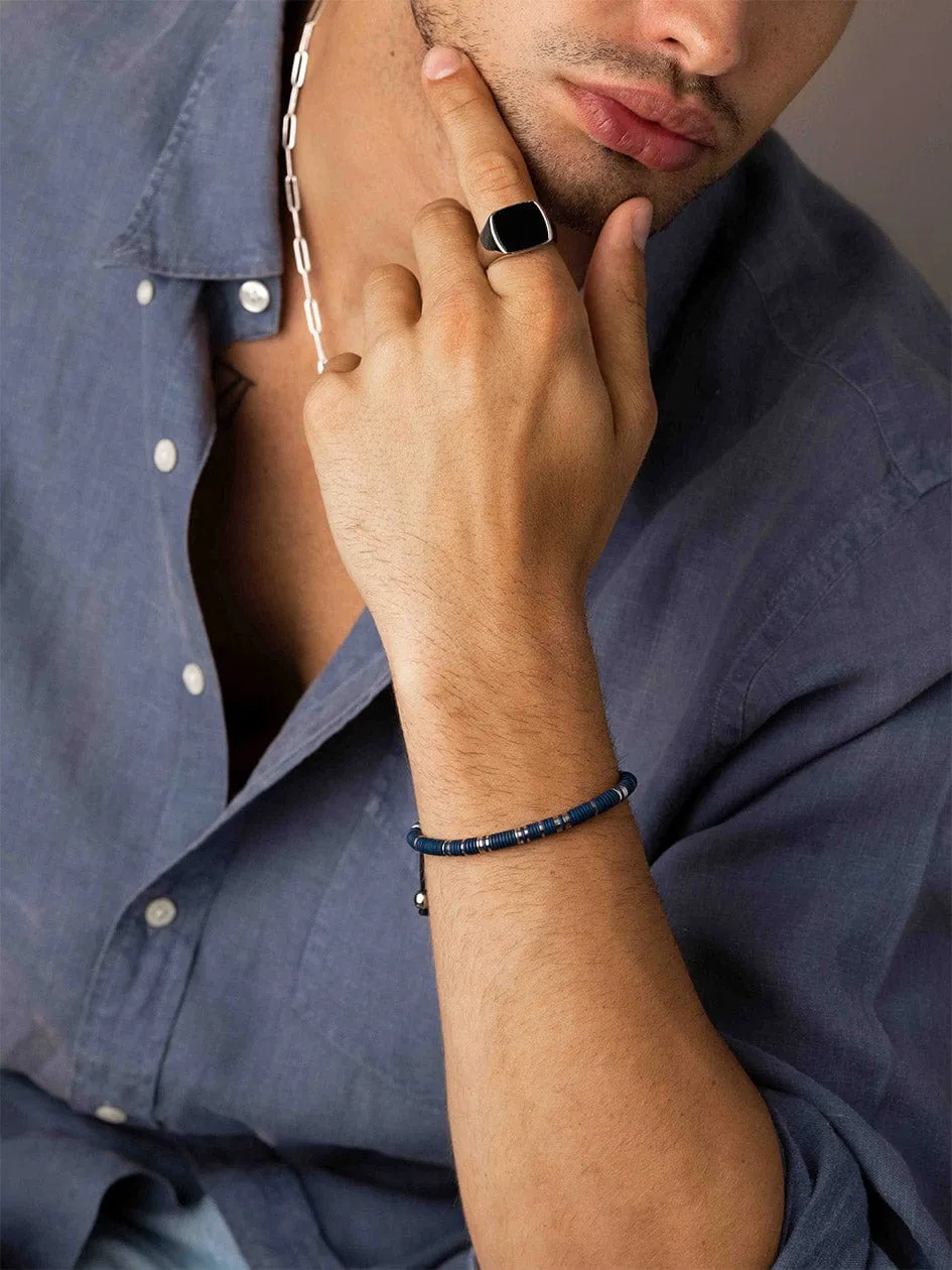 Men's Beaded Bracelet with Dark Blue and Silver Disc Beads