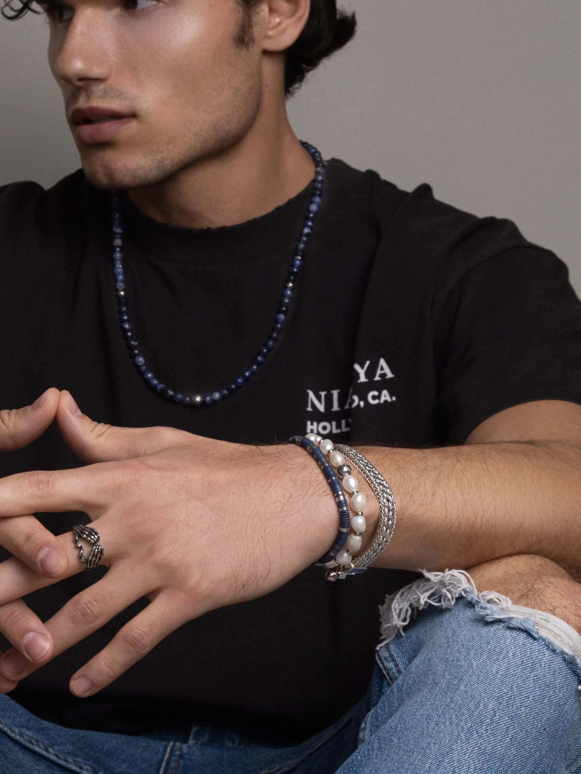 Men's Beaded Bracelet with Dark Blue and Silver Disc Beads