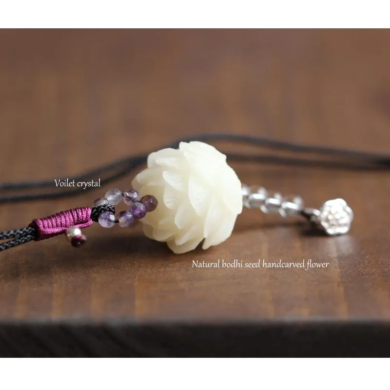 Natural Bodhi Seed Carved Flower Pendant Necklace