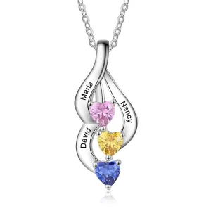 Personalized 3 Name Engravings on the Pendant with 3 Heart Shaped Birthstones