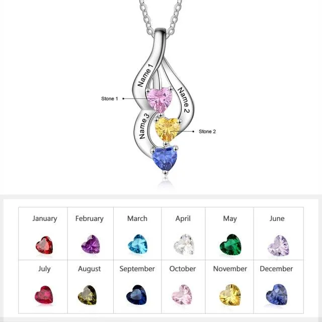 Personalized 3 Name Engravings on the Pendant with 3 Heart Shaped Birthstones