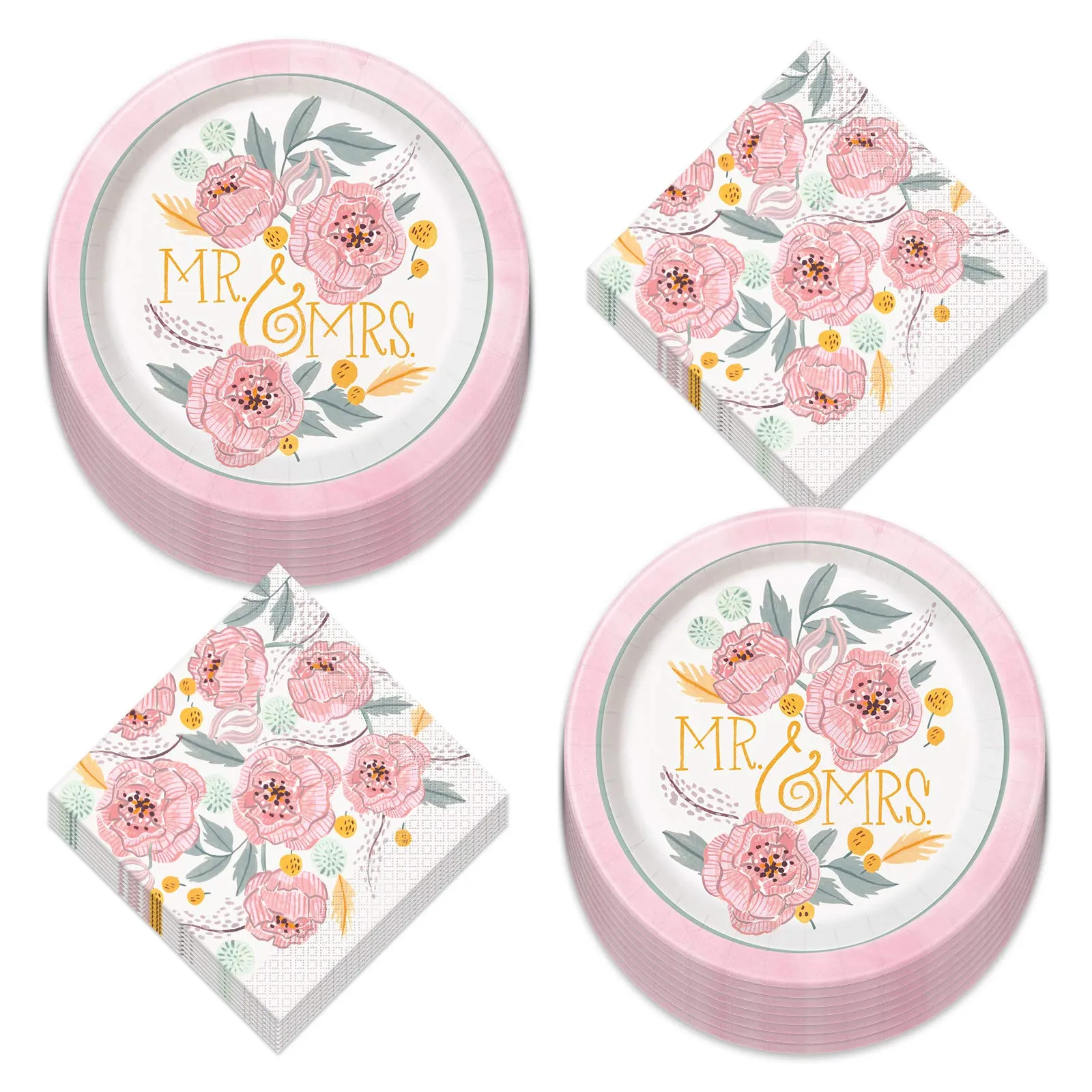 Pretty Painted Florals Dinner Plates and Luncheon Napkins in Pale Pink, Mint Green, and Sunflower Yellow (Serves 16)