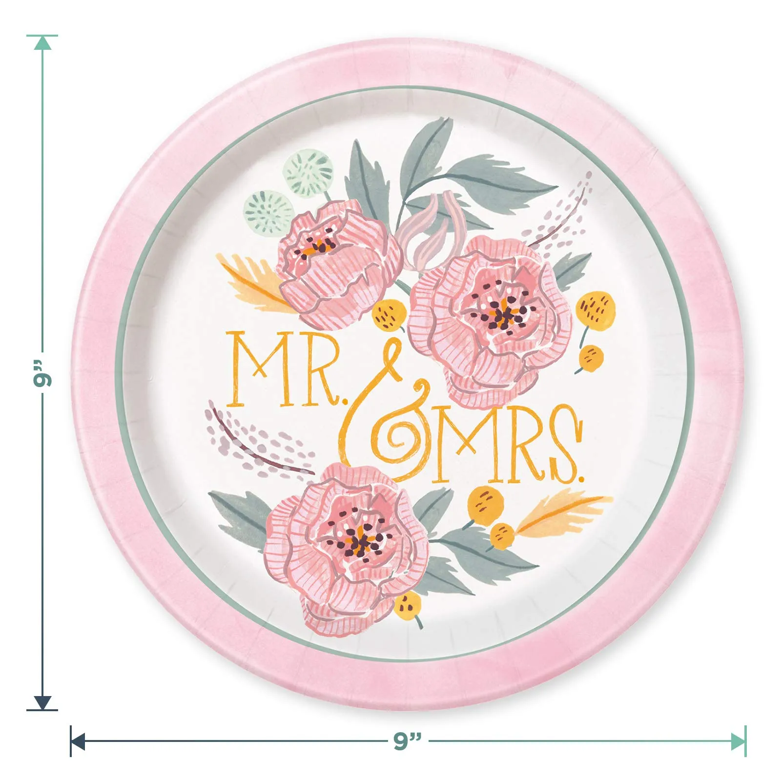 Pretty Painted Florals Dinner Plates and Luncheon Napkins in Pale Pink, Mint Green, and Sunflower Yellow (Serves 16)