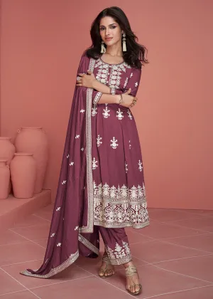 Punjabi Style Silk Embroidered Salwar Suit in Dusky Purple