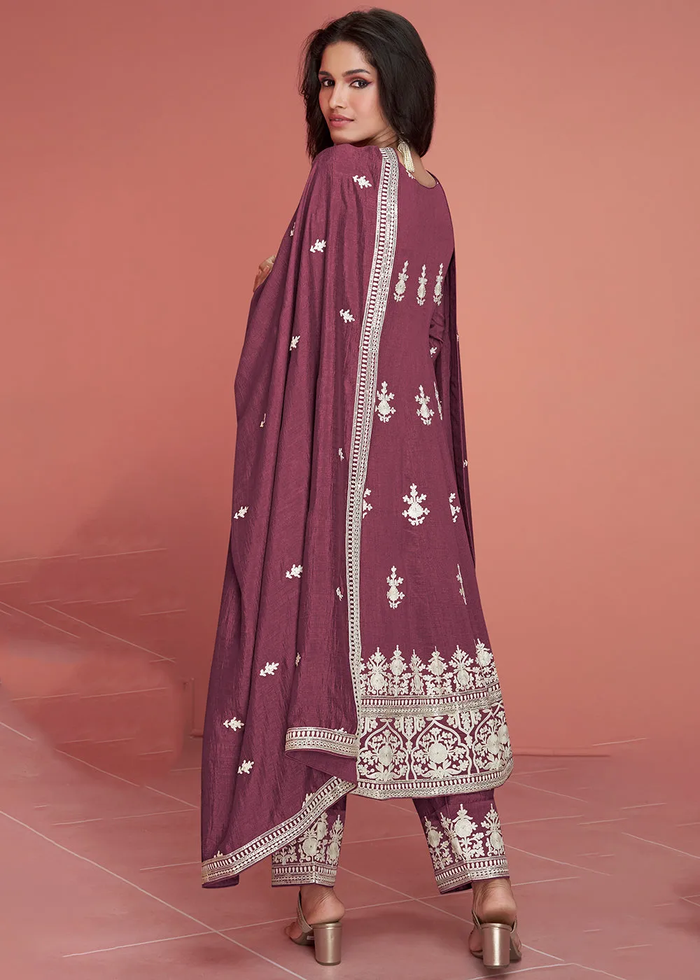 Punjabi Style Silk Embroidered Salwar Suit in Dusky Purple