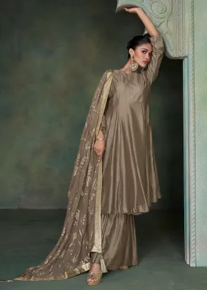 Pure Silk Brown Embroidered Reception Wear Palazzo Suit