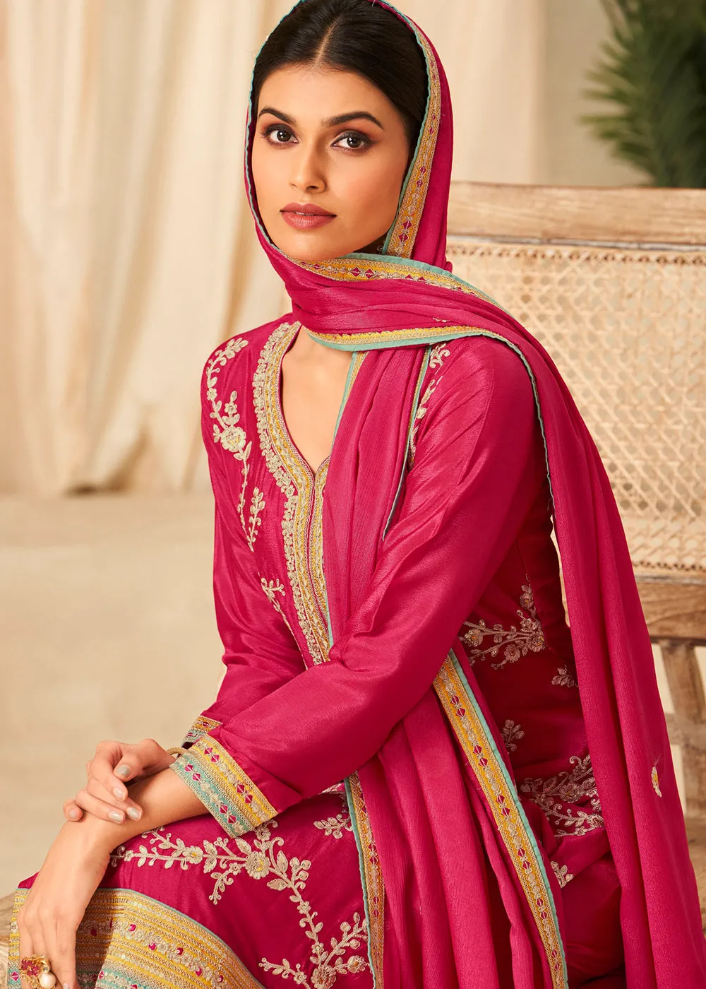 Rani Pink Heavy Chinnon Wedding Festive Salwar Suit