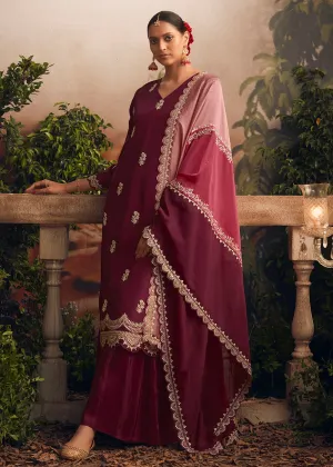 Silk Modale Maroon Embroidered Festive Palazzo Suit