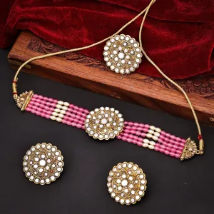 Sukkhi Appealing Choker Mirror & Pearl Pink Gold Plated Necklace Set For Women