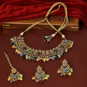 Sukkhi Appealing Gold Plated Multicolor Color Stone Choker Necklace Set With Maang Tikka for Women