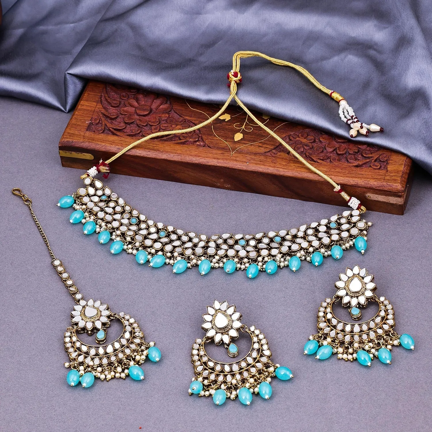 Sukkhi Aqua Gold Plated Mirror & Pearl Choker Necklace Set For Women