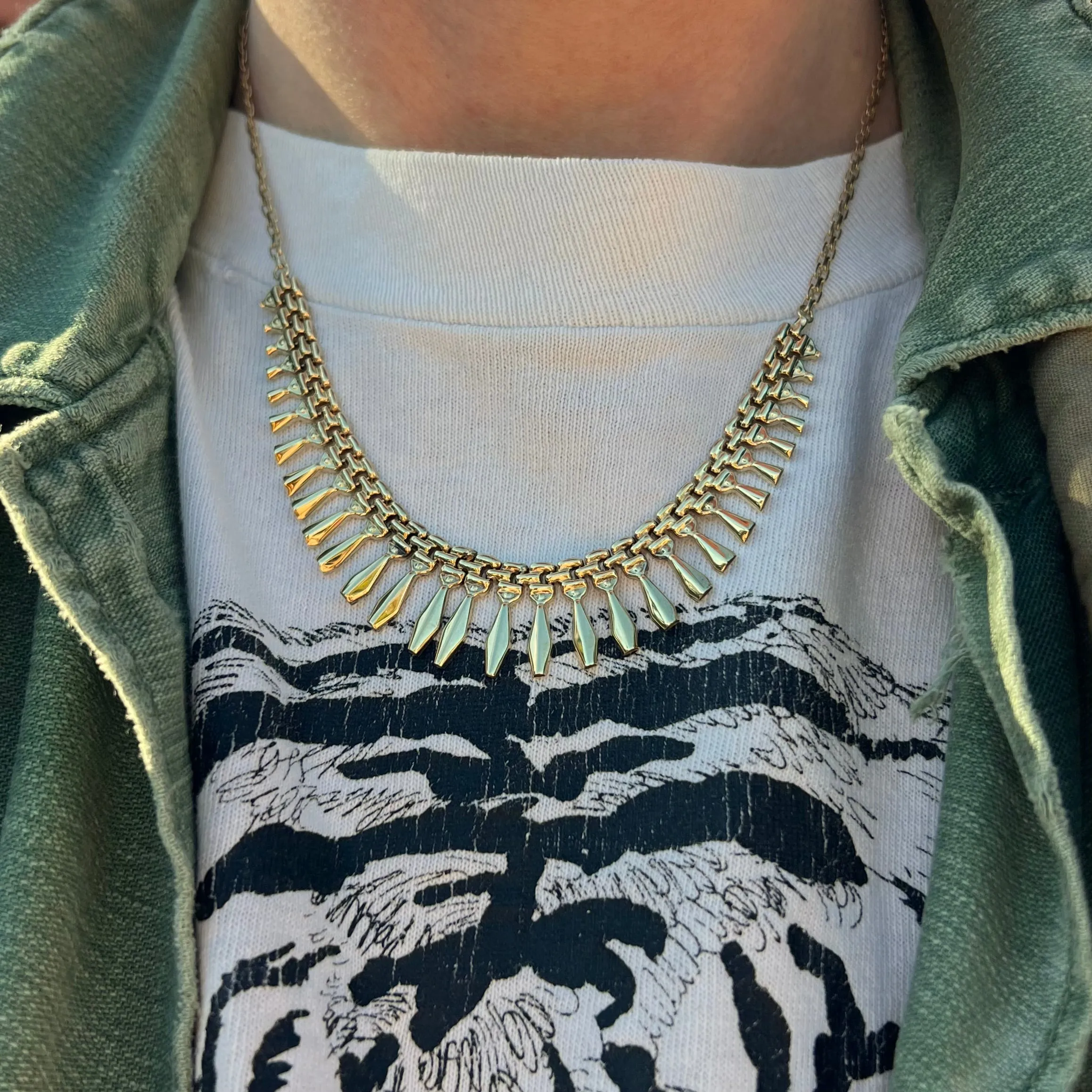 V I N T A G E // Cleopatra's fringe / 10k yellow gold bib necklace with bismark chain / 17"