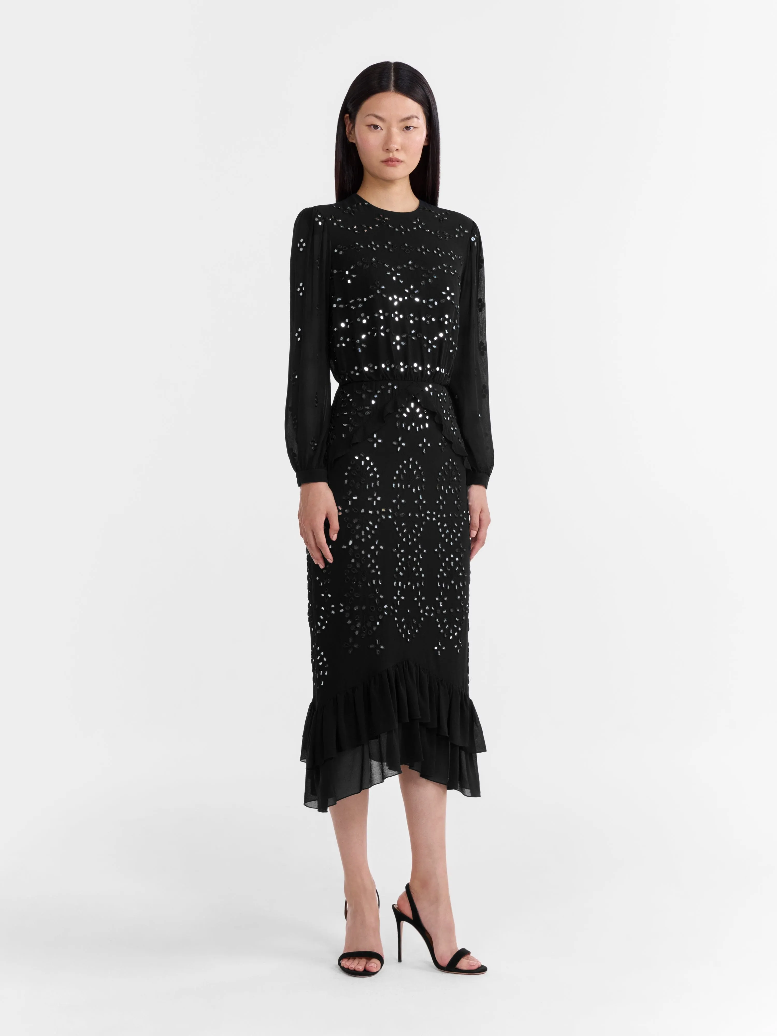 Venyx Isa Silk B Dress in Black Mirror Embroidery