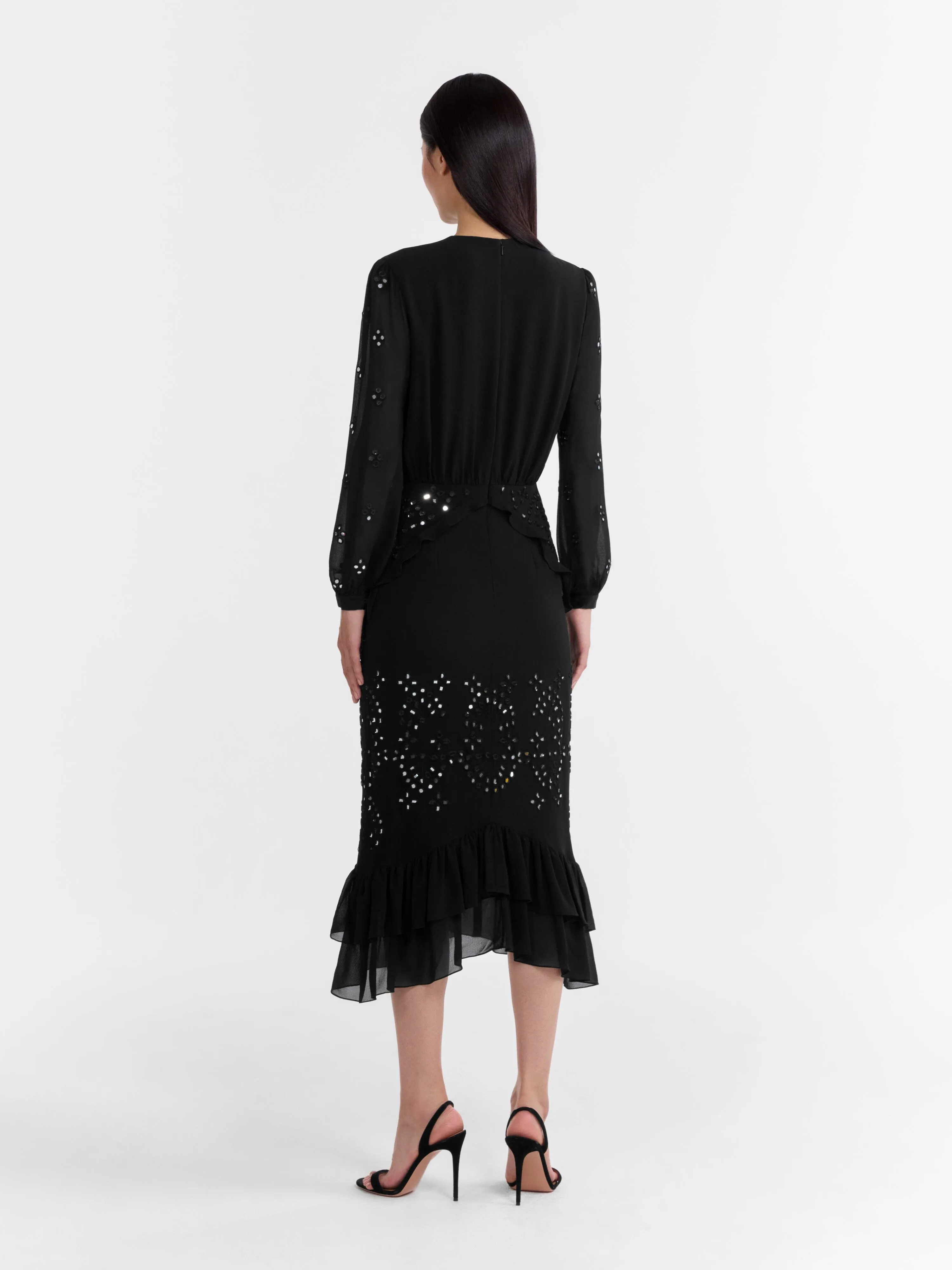 Venyx Isa Silk B Dress in Black Mirror Embroidery