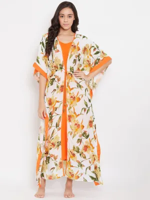 WHITE FLORAL PRINTED KAFTAN GOWNSET - (Clearance - Final Sale)