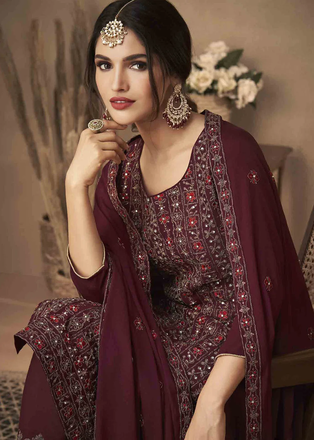 Wine Maroon Cording & Swarovski Embroidered Trendy Salwar Suit